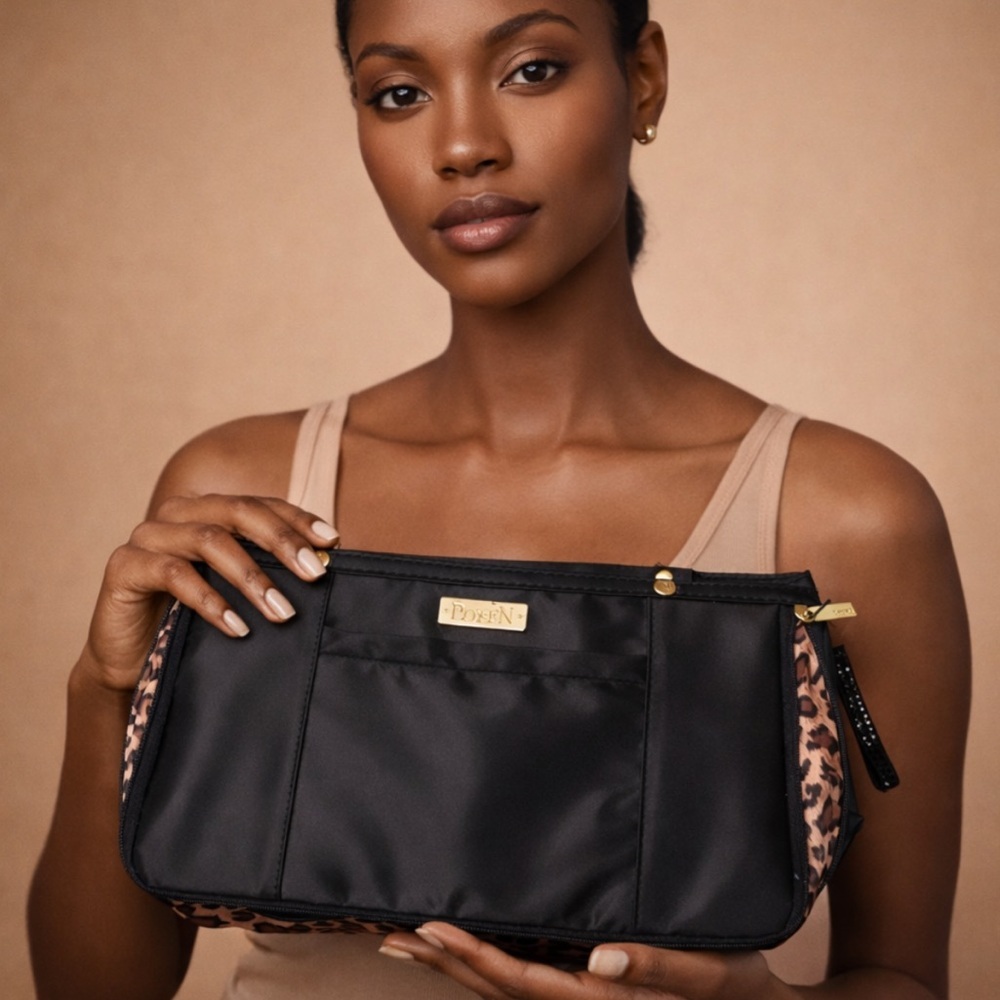 PoseN Black Nylon Cosmetic Organizer Bag Leopard Trim Travel Pouch Gold Hardware